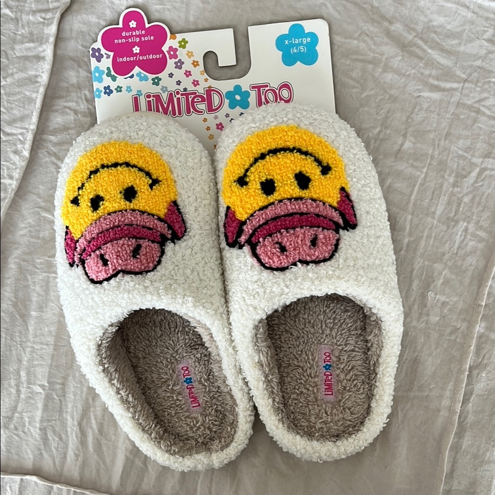 Limited Too White Slippers with Smiley and Pink Accents